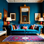 A richly layered maximalist living room, featuring a plush velvet sofa adorned with various patterned silk and knitted cushions, a large Persian rug overlapping a rustic wood floor, and an antique display cabinet showcasing a curated collection of porcelain and travel souvenirs. The walls are painted in deep jewel tones, complemented by vibrant abstract art pieces and a large Venetian mirror. Soft, warm lighting emanates from multiple unique lamps and floor luminaires, creating a cozy and inviting atmosphere. Lush, varied natural plants are strategically placed, adding life and freshness. The space exudes individuality and a rich visual narrative. Professional interior photography, high quality, highly detailed, perfect composition, safe for work, appropriate content, fully clothed, family-friendly.