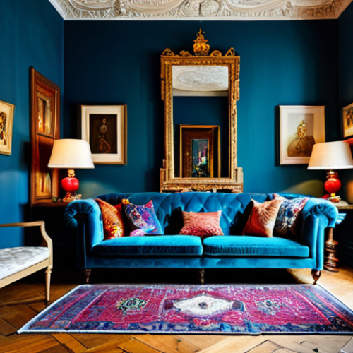 A richly layered maximalist living room, featuring a plush velvet sofa adorned with various patterned silk and knitted cushions, a large Persian rug overlapping a rustic wood floor, and an antique display cabinet showcasing a curated collection of porcelain and travel souvenirs. The walls are painted in deep jewel tones, complemented by vibrant abstract art pieces and a large Venetian mirror. Soft, warm lighting emanates from multiple unique lamps and floor luminaires, creating a cozy and inviting atmosphere. Lush, varied natural plants are strategically placed, adding life and freshness. The space exudes individuality and a rich visual narrative. Professional interior photography, high quality, highly detailed, perfect composition, safe for work, appropriate content, fully clothed, family-friendly.