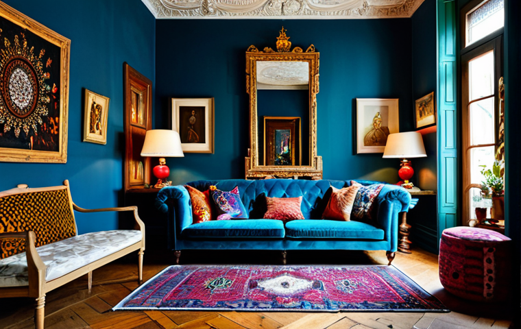 A richly layered maximalist living room, featuring a plush velvet sofa adorned with various patterned silk and knitted cushions, a large Persian rug overlapping a rustic wood floor, and an antique display cabinet showcasing a curated collection of porcelain and travel souvenirs. The walls are painted in deep jewel tones, complemented by vibrant abstract art pieces and a large Venetian mirror. Soft, warm lighting emanates from multiple unique lamps and floor luminaires, creating a cozy and inviting atmosphere. Lush, varied natural plants are strategically placed, adding life and freshness. The space exudes individuality and a rich visual narrative. Professional interior photography, high quality, highly detailed, perfect composition, safe for work, appropriate content, fully clothed, family-friendly.