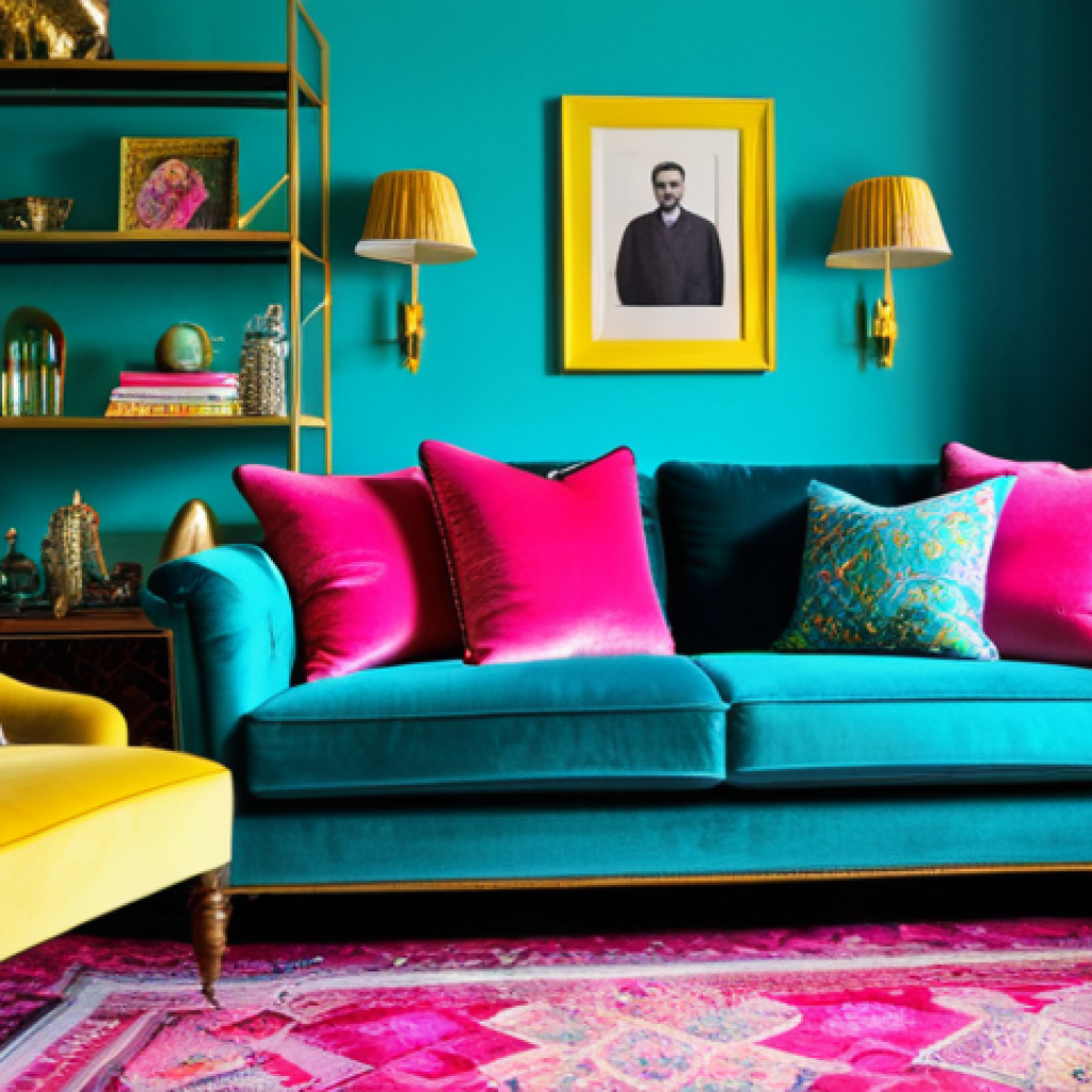 **
A living room bursting with vibrant colors: turquoise walls, a hot pink velvet sofa piled with patterned cushions (floral, geometric, animal prints), a bright yellow armchair, and a collection of eclectic objects on shelves. Emphasis on layered textures: silk, velvet, linen. A vintage rug anchors the scene. Cinematic lighting, high-resolution, detailed, safe for work, appropriate content, fully clothed, professional.
**