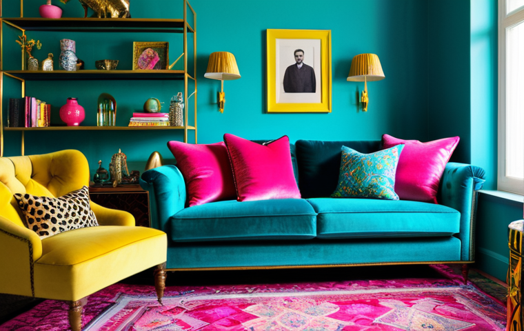 **
A living room bursting with vibrant colors: turquoise walls, a hot pink velvet sofa piled with patterned cushions (floral, geometric, animal prints), a bright yellow armchair, and a collection of eclectic objects on shelves. Emphasis on layered textures: silk, velvet, linen. A vintage rug anchors the scene. Cinematic lighting, high-resolution, detailed, safe for work, appropriate content, fully clothed, professional.
**