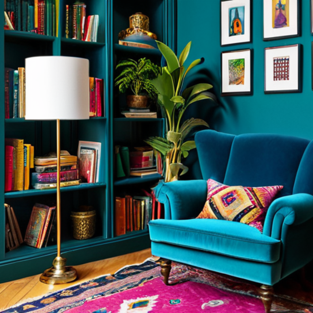 맥시멀리즘 인테리어를 위한 가이드북 - Colorful Living Room Corner**
"A vibrant living room corner in the maximalist style. Walls are pain...