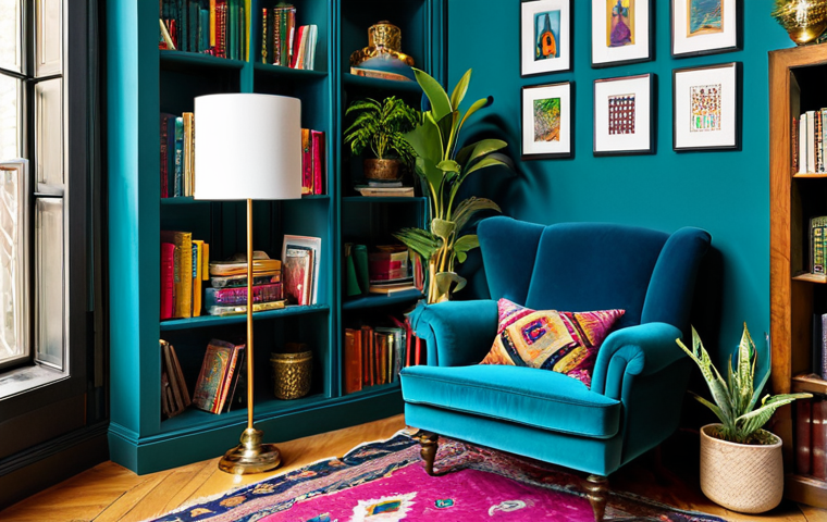 맥시멀리즘 인테리어를 위한 가이드북 - Colorful Living Room Corner**
"A vibrant living room corner in the maximalist style. Walls are pain...