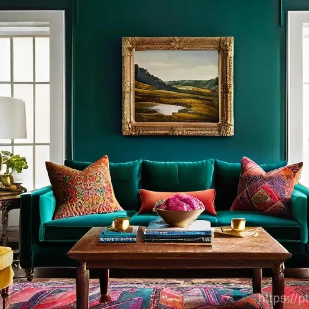 가정에서 맥시멀리즘 효과 만들어보기 - **A Vibrant Maximalist Living Room with Curated Treasures.**
A richly decorated living room over...