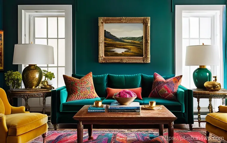 가정에서 맥시멀리즘 효과 만들어보기 - **A Vibrant Maximalist Living Room with Curated Treasures.**
A richly decorated living room over...