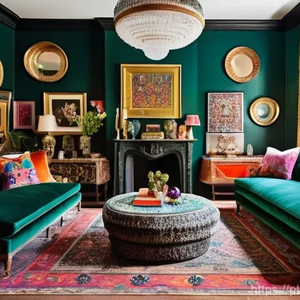 유행을 반영한 맥시멀리즘 스타일 - **A Maximalist Living Room Oasis:**
A vibrant and opulent maximalist living room, brimming with ...