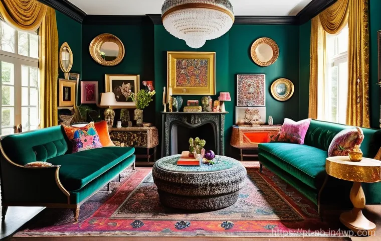 유행을 반영한 맥시멀리즘 스타일 - **A Maximalist Living Room Oasis:**
A vibrant and opulent maximalist living room, brimming with ...