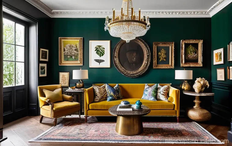 아트워크 활용한 맥시멀리즘 공간 연출 - **A Maximalist Living Room with a Curated Gallery Wall:**
"A breathtaking maximalist living room...