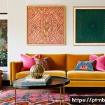 Home 15 대비되는 색상으로 맥시멀리즘 강조하기 - **A Maximalist Living Room Oasis:** An inviting and vibrant living room in a modern home, bursting w...