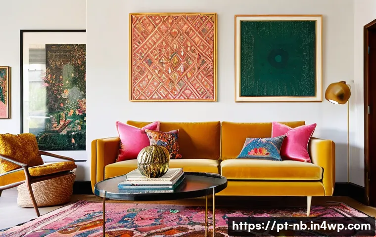 대비되는 색상으로 맥시멀리즘 강조하기 - **A Maximalist Living Room Oasis:** An inviting and vibrant living room in a modern home, bursting w...