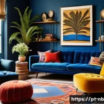Home 14 예술 작품으로 가득한 맥시멀리즘 - A vibrant maximalist living room blending vintage and contemporary furniture: a retro velvet sofa ad...