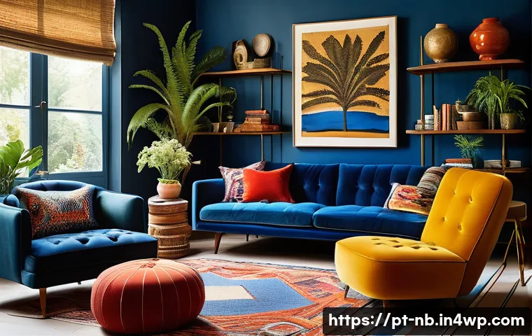 예술 작품으로 가득한 맥시멀리즘 - A vibrant maximalist living room blending vintage and contemporary furniture: a retro velvet sofa ad...