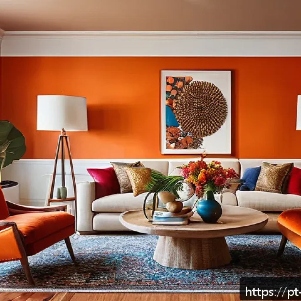 맥시멀리즘 인테리어의 유지 보수 팁 - A vibrant maximalist living room featuring a bold accent wall painted in deep orange, complemented b...