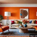 Home 19 맥시멀리즘 인테리어의 유지 보수 팁 - A vibrant maximalist living room featuring a bold accent wall painted in deep orange, complemented b...