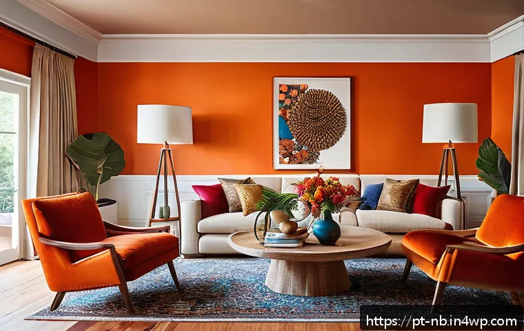 맥시멀리즘 인테리어의 유지 보수 팁 - A vibrant maximalist living room featuring a bold accent wall painted in deep orange, complemented b...