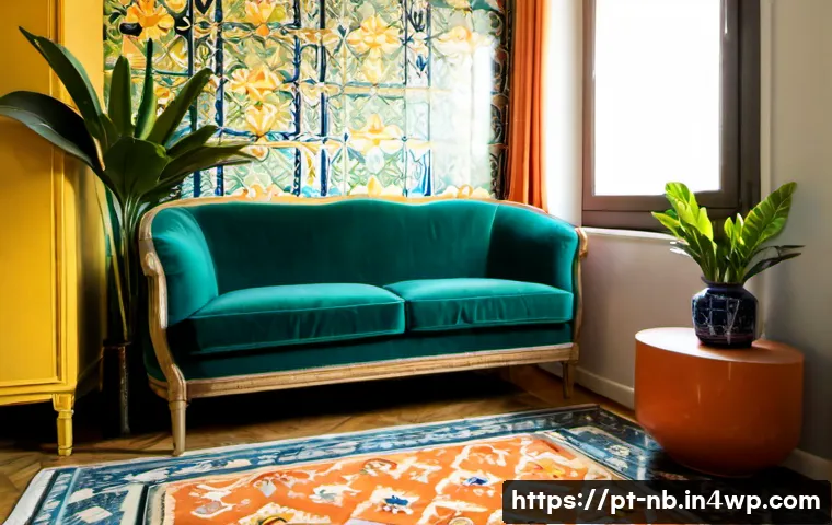 Home 15 맥시멀리즘 스타일의 색상 조합 - Photorealistic maximalist living room in a sunlit Lisbon apartment, rich emerald velvet sofa, coral ...